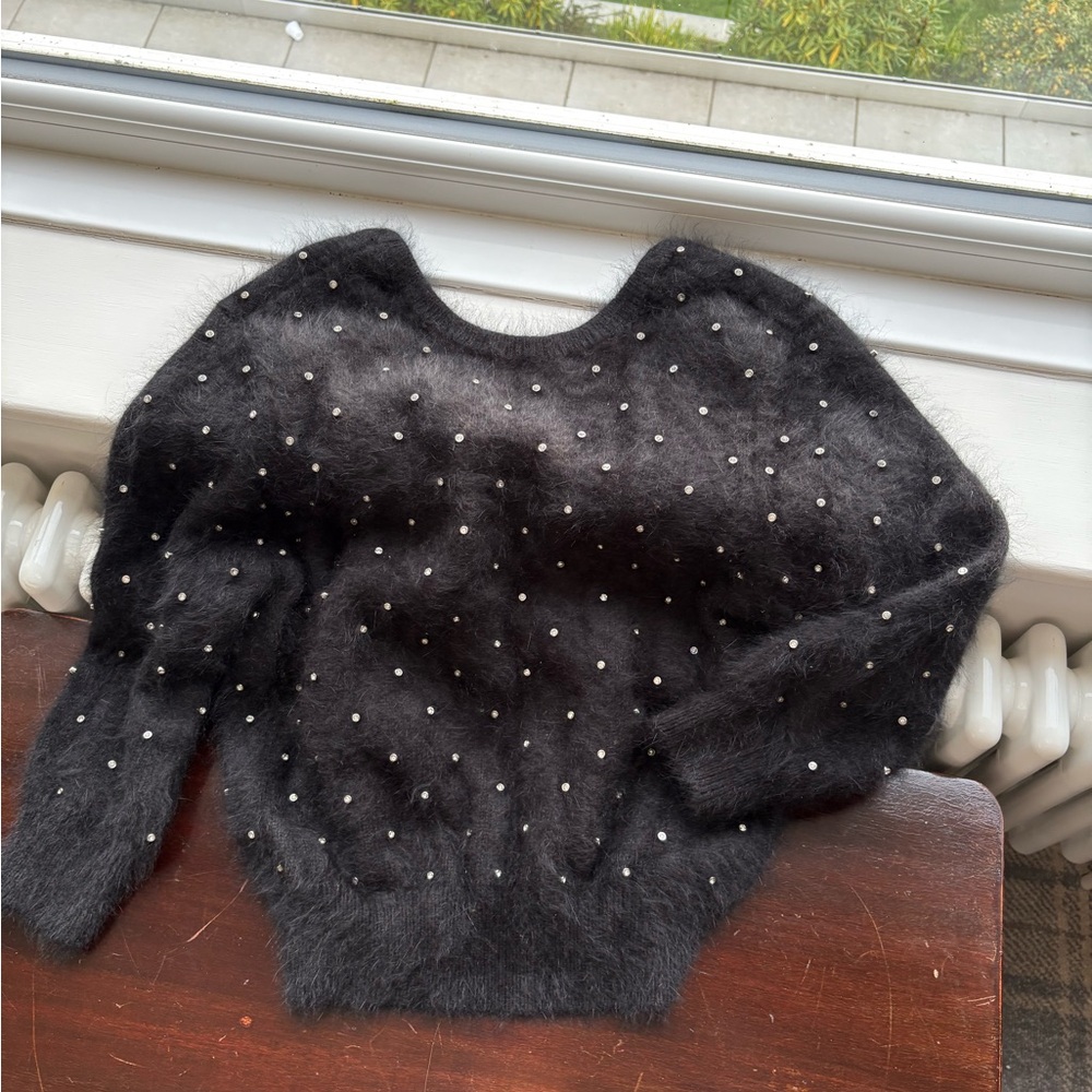 Fuzzy Black Sweater with Pearl Accents